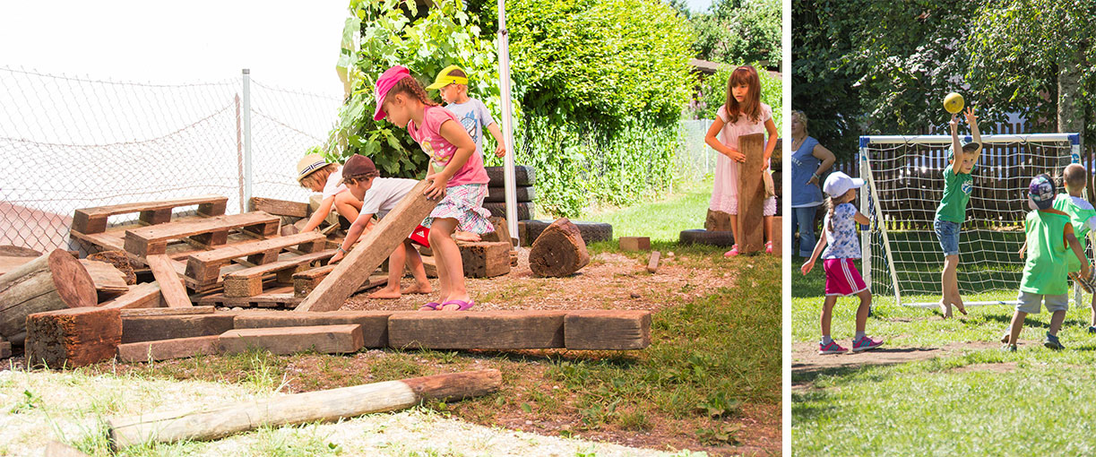 Banner für die Seite "Unser Bild vom Kind" zu sehen sind Kinder die Ball spielen und Kinder die mit schweren Holzbalken etwas eigenständig Aufbauen.