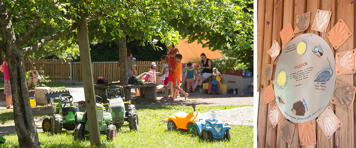 Banner für die Seite Inklusion die Kinder im Garten beim spielen zeigt und den Gruppen Einteilungsplan.